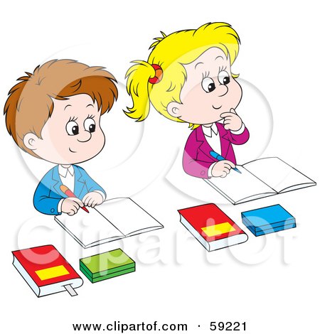 Royalty-Free (RF) Clipart Illustration of Male And Female Students Sitting In Class by Alex Bannykh