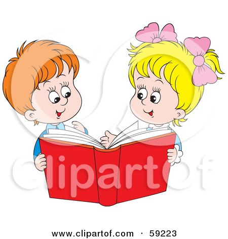 Royalty-Free (RF) Clipart Illustration of a Boy And Girl Sharing A Red Book by Alex Bannykh