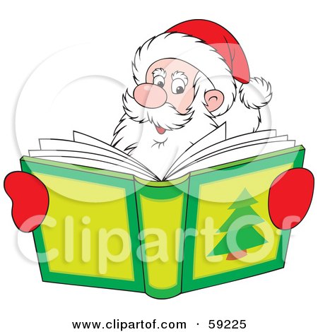 Royalty-Free (RF) Clipart Illustration of Santa Smiling Over A Christmas Story Book by Alex Bannykh