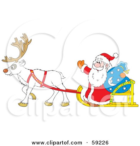 Royalty-Free (RF) Clipart Illustration of Santa Waving While Riding In A Sleigh Pulled By A White Reindeer by Alex Bannykh