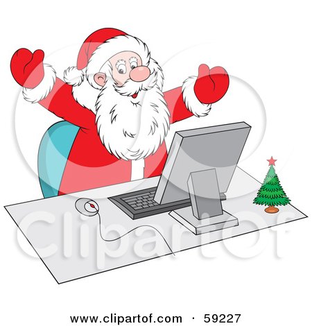 Royalty-Free (RF) Clipart Illustration of a Happy Santa Holding His Arms Up And Using A Computer by Alex Bannykh