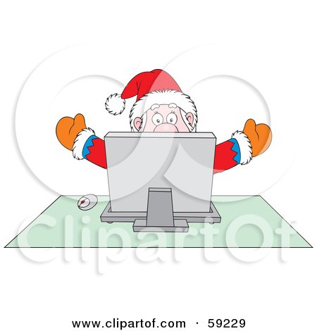 Royalty-Free (RF) Clipart Illustration of Santa Holding His Arms Up And Sitting Behind A Computer by Alex Bannykh