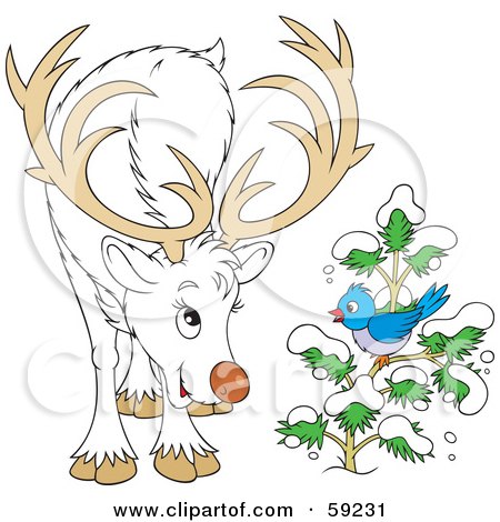 Royalty-Free (RF) Clipart Illustration of a Friendly White Reindeer Talking To A Bluebird On A Flocked Tree by Alex Bannykh