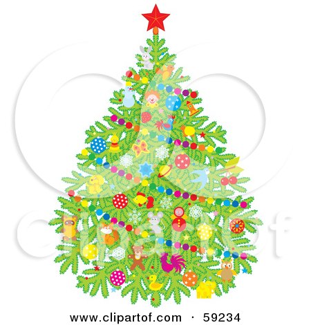 Royalty-Free (RF) Clipart Illustration of a Lush Green Christmas Tree Adorned With Colorful Decorations And Garlands by Alex Bannykh