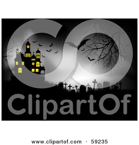 Royalty-Free (RF) Clipart Illustration of a Spooky Night With Vampire Bats Over A Cemetery By A Haunted House by KJ Pargeter