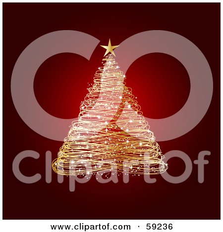 Royalty-Free (RF) Clipart Illustration of an Elegant Golden Magic Christmas Tree Topped With A Star On Red by KJ Pargeter