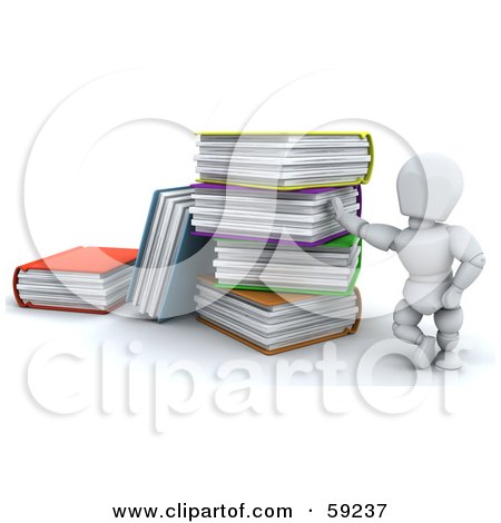 Royalty-Free (RF) Clipart Illustration of a 3d White Character Leaning Against A Giant Stack Of Colorful Text Books by KJ Pargeter