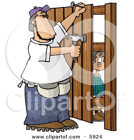 Boy Watching a Man Build a Wooden Fence Clipart Picture by djart