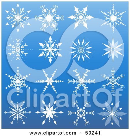 Royalty-Free (RF) Clipart Illustration of a Digital Collage Of Ornate White Snowflakes On Blue by KJ Pargeter