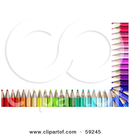 Royalty-Free (RF) Clipart Illustration of an Array Of Colored Pencils Bordering The Bottom And Right Edges Of A White Background. by Frog974