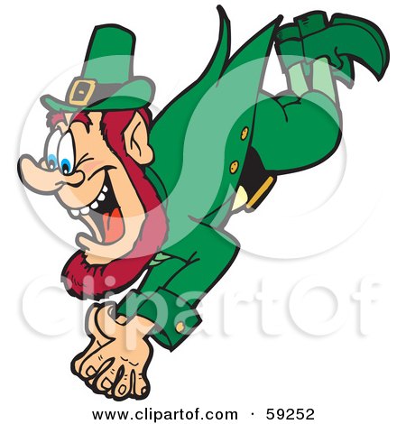 Royalty-Free (RF) Clipart Illustration of a St Patricks Day Leprechaun Diving With An Excited Expression by Dennis Holmes Designs