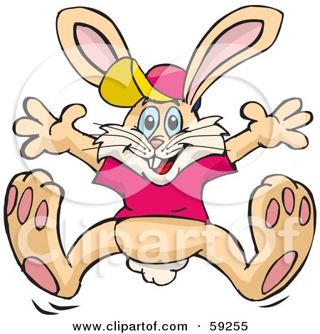 Royalty-Free (RF) Clipart Illustration of an Energetic Leaping Bunny Rabbit In A Shirt And Hat by Dennis Holmes Designs