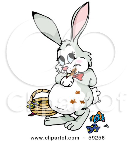 Royalty-Free (RF) Clipart Illustration of a Chubby Easter Bunny With Chocolate Smears On Its Fur, Standing By A Basket And Candy Wrappers by Dennis Holmes Designs