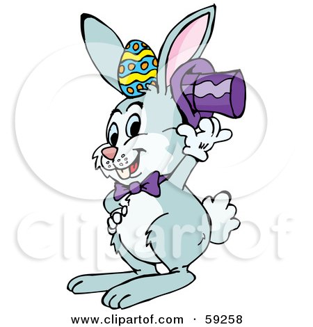 Royalty-Free (RF) Clipart Illustration of a Bunny Lifting His Hat To Display An Easter Egg On His Head by Dennis Holmes Designs