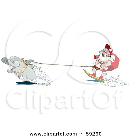Royalty-Free (RF) Clipart Illustration of a Dolphin Pair Pulling Santa On A Surfboard by Dennis Holmes Designs