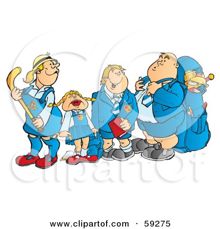 Royalty-Free (RF) Clipart Illustration of a Group Of School Children Waiting At A Bus Stop by Snowy