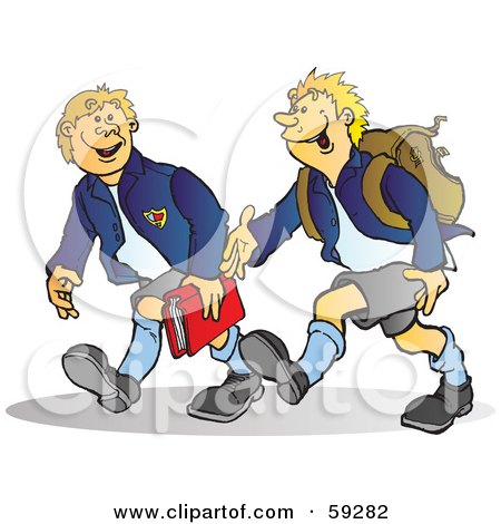 Royalty-Free (RF) Clipart Illustration of Two High School Boys Walking And Talking by Snowy