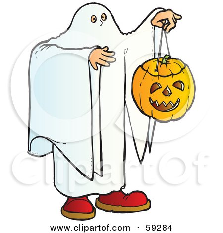 Royalty-Free (RF) Clipart Illustration of a Halloween Ghost Holding A Pumpkin by Snowy