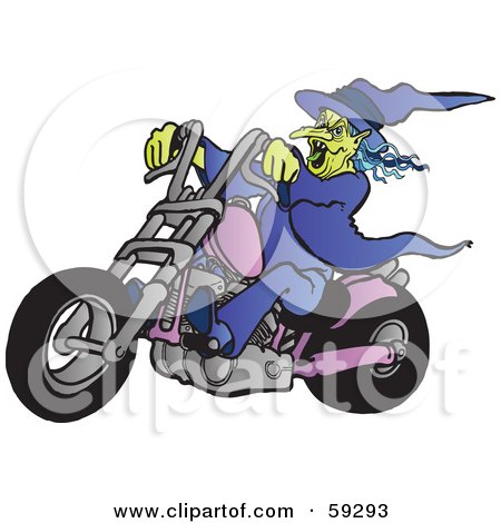 Royalty-Free (RF) Clipart Illustration of a Green Witch Riding A Purple Motorcycle by Snowy