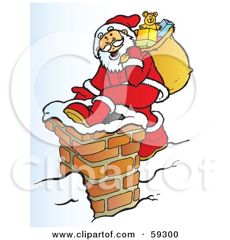 Royalty-Free (RF) Clipart Illustration of Santa Carrying His Sack And Climbing Into A Chimney by Snowy