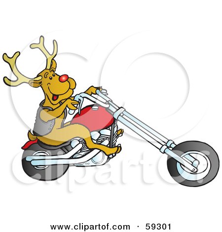 Royalty-Free (RF) Clipart Illustration of Rodolph The Red Nosed Reindeer Riding A Motorcycle by Snowy