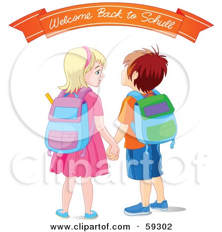Royalty-Free (RF) Clipart Illustration of a Brother And Sister Holding Hands, Wearing Backpacks And Standing Under A Welcome Back To School Banner by Pushkin