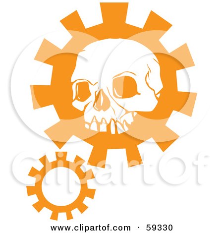 Royalty-Free (RF) Clipart Illustration of an Orange Human Skull Head Over A Gear by xunantunich