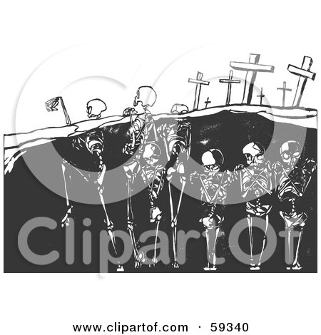 Royalty-Free (RF) Clipart Illustration of Upright Skeletons Standing In Their Graves by xunantunich