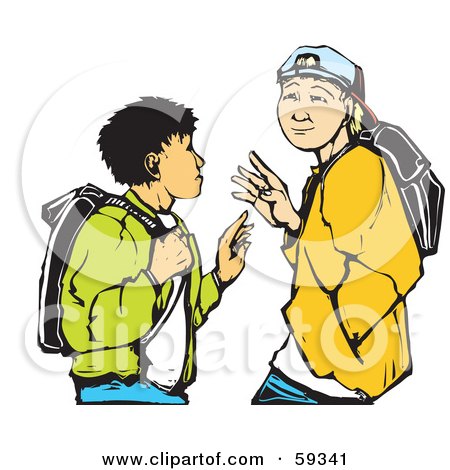 Royalty-Free (RF) Clipart Illustration of Two High School Boys Waving While Passing Each Other by xunantunich