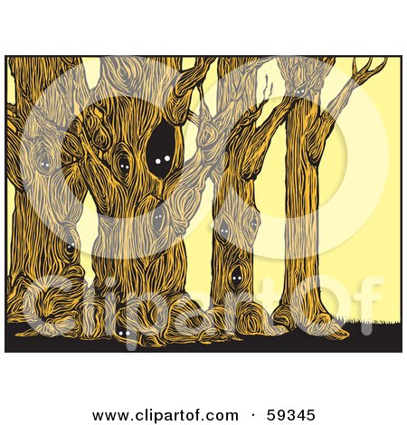 Royalty-Free (RF) Clipart Illustration of Spooky Eyes Peering Out Of Holes In Trees by xunantunich