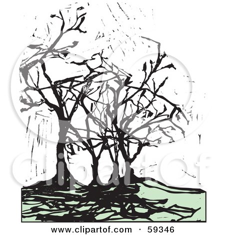 Royalty-Free (RF) Clipart Illustration of Spooky Black Trees And Grunge With Thick Roots In Green Hills by xunantunich