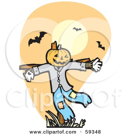 Royalty-Free (RF) Clipart Illustration of a Scare Crow With A Pumpkin Head Under Vampire Bats by xunantunich