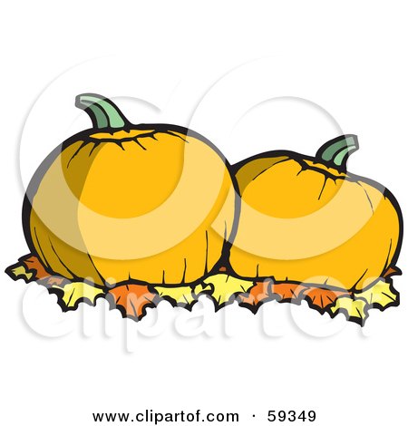 Royalty-Free (RF) Clipart Illustration of Two Pumpkins Resting On A Bed Of Autumn Leaves by xunantunich