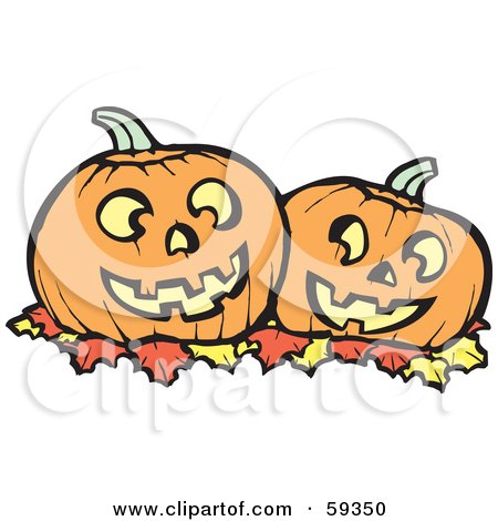 Royalty-Free (RF) Clipart Illustration of Two Carved Halloween Pumpkins Resting On Autumn Leaves by xunantunich