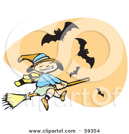 Royalty-Free (RF) Clipart Illustration of a Cute Halloween Witch Flying In Front Of An Orange Sky With Bats by xunantunich