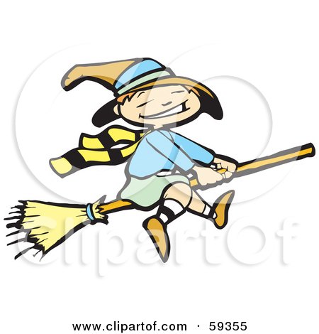 Royalty-Free (RF) Clipart Illustration of a Cute Little Halloween Witch Flying On A Broom by xunantunich