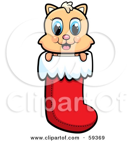 Royalty-Free (RF) Clipart Illustration of a Cute Christmas Kitty Peeking Out Of A Stocking by Cory Thoman