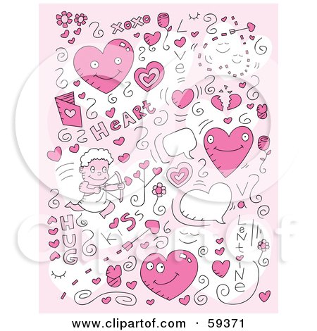 Royalty-Free (RF) Clipart Illustration of a Pink Background Of Valentines Day Doodles With Hearts And Cupid by Cory Thoman