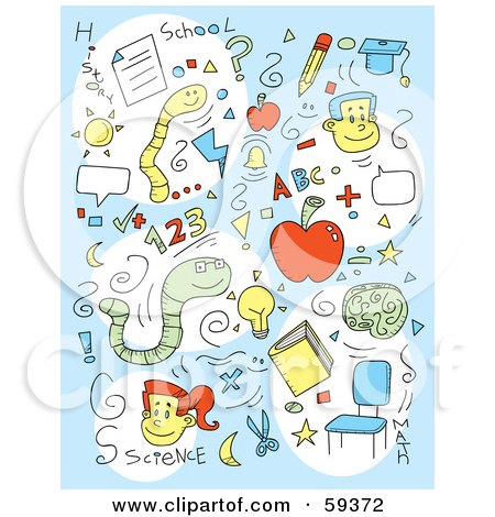 Royalty-Free (RF) Clipart Illustration of a Blue Background Of School Items And Courses by Cory Thoman