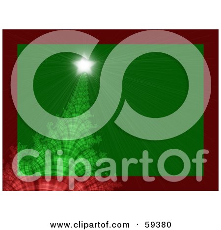 Royalty-Free (RF) Clipart Illustration of a Green Fractal Christmas Tree With A Shining Star On Green, Trimmed In Red by ShazamImages