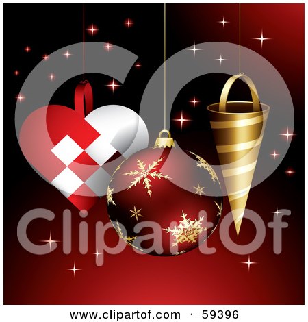 Royalty-Free (RF) Clipart Illustration of Heart, Round And Conical Christmas Ornaments On A Sparkling Red Background by TA Images