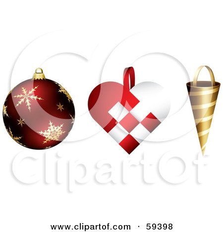Royalty-Free (RF) Clipart Illustration of a Digital Collage Of Three Round, Heart And Conical Shaped Christmas Ornaments by TA Images