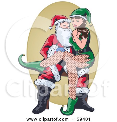 Royalty-Free (RF) Clipart Illustration of a Sexy Elf Pinup Girl Sitting On Santas Lap by r formidable