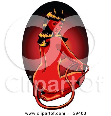 Royalty-Free (RF) Clipart Illustration of a Sexy Halloween Devil Pinup Woman Sitting On Her Knees And Looking Back by r formidable