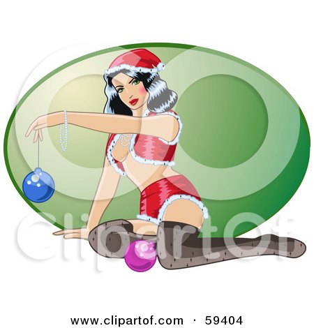 Royalty-Free (RF) Clipart Illustration of a Sexy Christmas Pinup Woman In A Santa Suit And Stockings, Holding Up An Ornament by r formidable