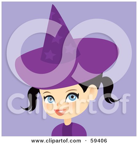 Royalty-Free (RF) Clipart Illustration of a Cute Little Black Haired Girl Wearing A Purple Halloween Witch Hat by Monica