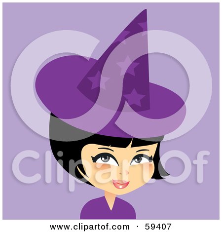 Royalty-Free (RF) Clipart Illustration of a Pretty Woman With Short Black Hair, Wearing A Purple Halloween Witch Hat by Monica