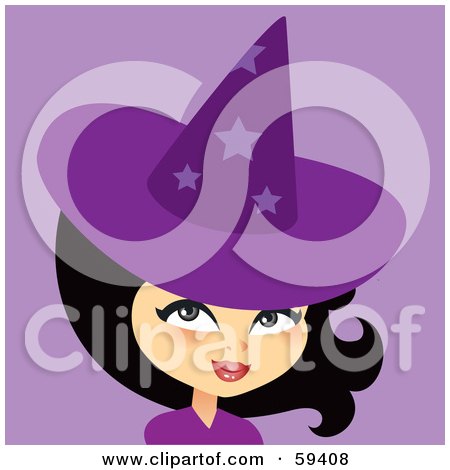 Royalty-Free (RF) Clipart Illustration of a Beautiful Black Haired Woman Wearing A Purple Halloween Witch Hat by Monica