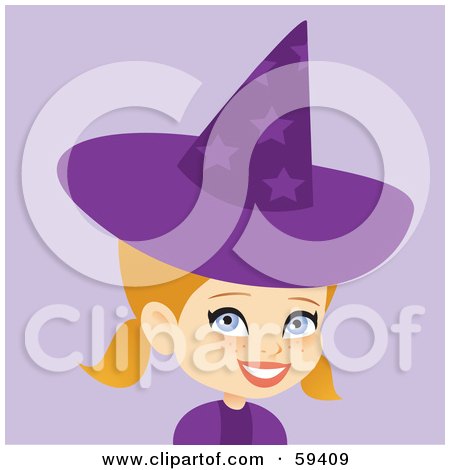 Royalty-Free (RF) Clipart Illustration of a Cute Little Blond Girl Wearing A Purple Halloween Witch Hat by Monica