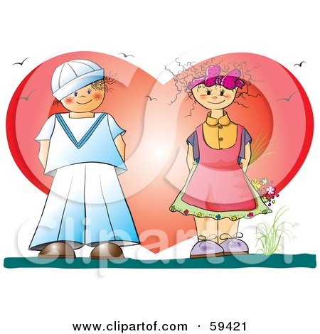 Royalty-Free (RF) Clipart Illustration of a Little Girl Holding Flowers And Admiring A Sailor Boy In Front Of A Big Heart by pauloribau